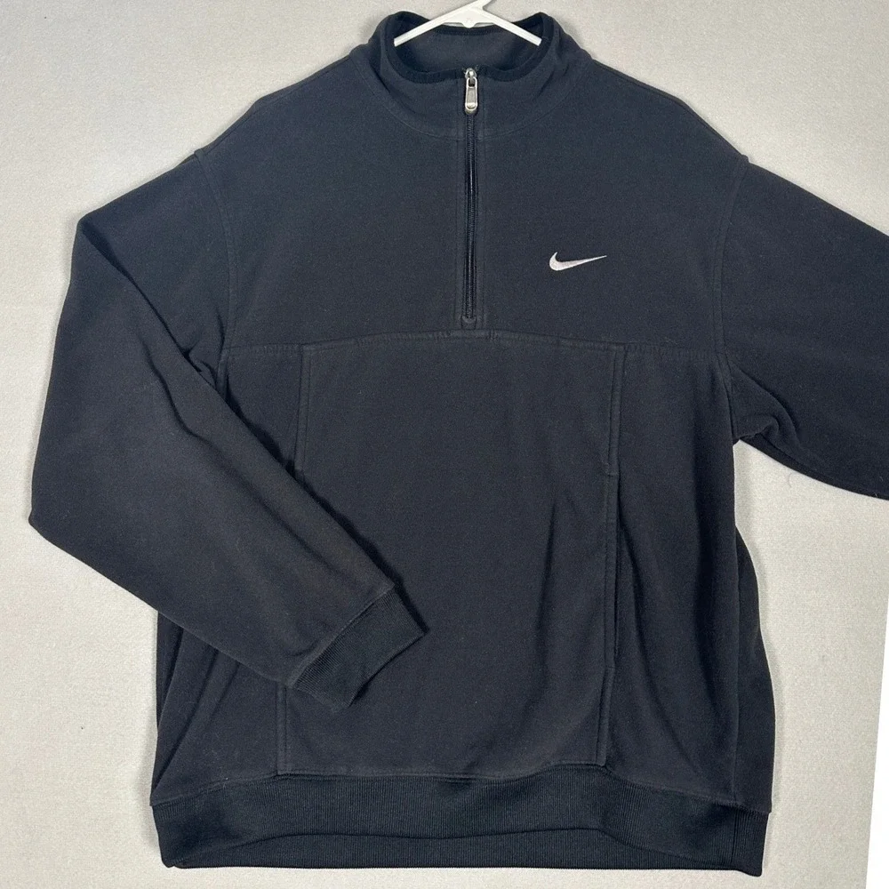 Nike Sweatshirt Mens Large Black Quarter Zip Fleece Mock Pullover Swoosh Pockets